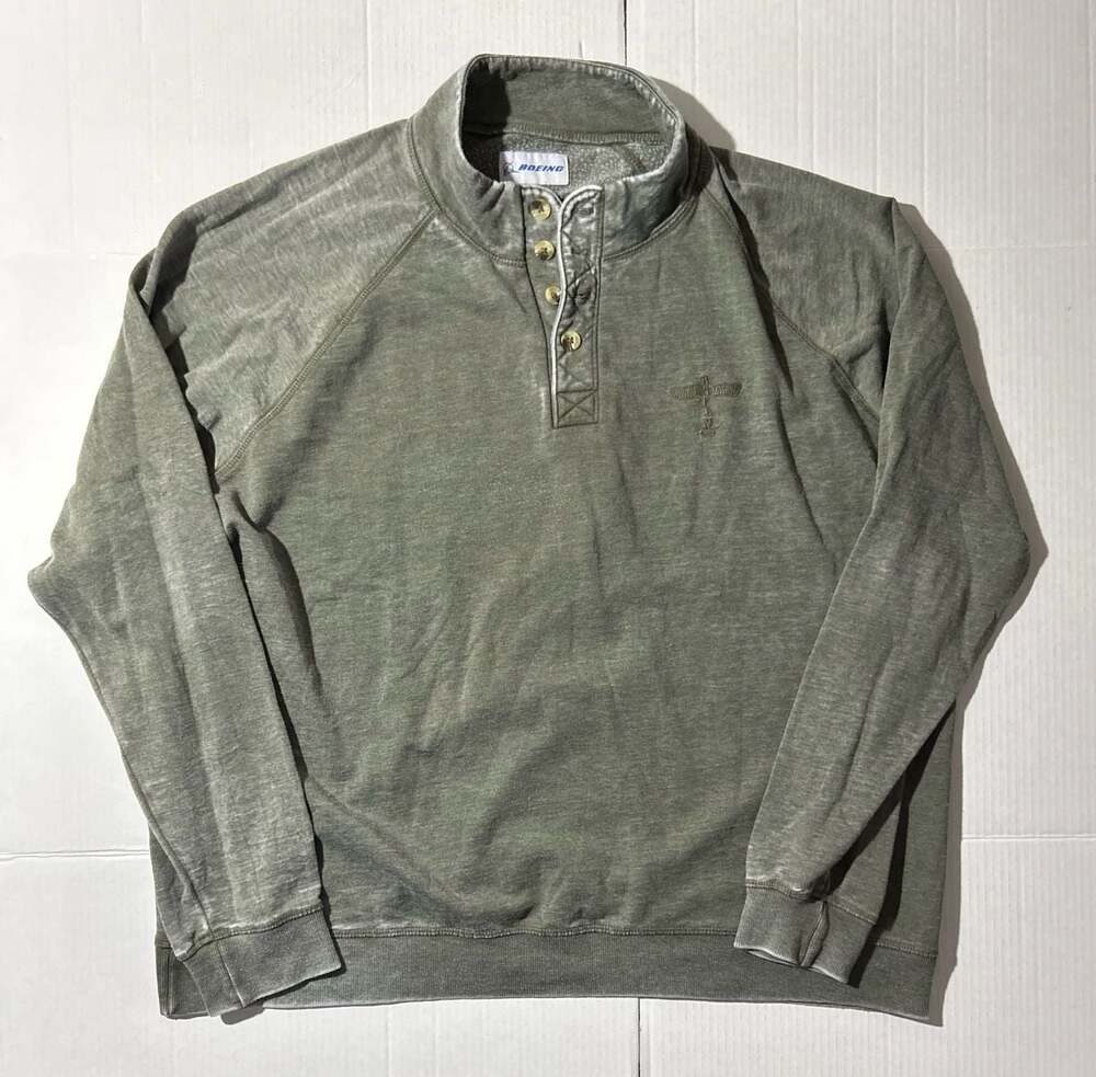 VTG 00s Boeing Men's Green Distressed Henley Fleece Pullover Sweatshirt Size 2XL